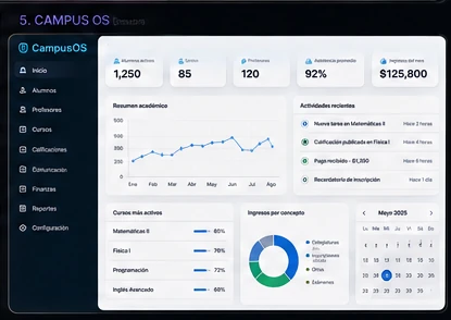 Campus OS concept interface showing academic operations, attendance, course activity, and institutional metrics.