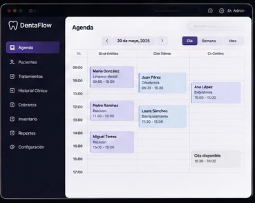 DentaFlow concept interface showing dental clinic scheduling and operational management.
