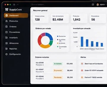 SupplyCore concept interface showing inventory, orders, supplier information, and supply-chain metrics.